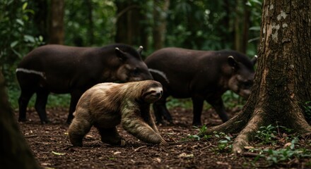 Fototapeta premium Sloth walking near tapirs in forest environment