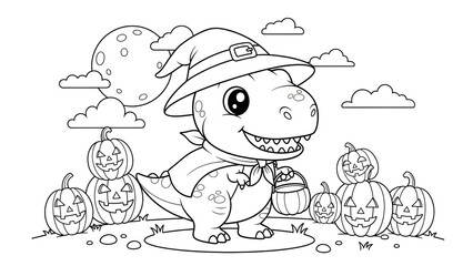 Cute cartoon dinosaur dressed as a friendly witch celebrating Halloween with