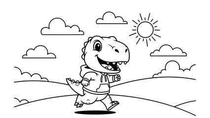 Adorable cartoon dinosaur character enjoying a sunny outdoor landscape with