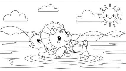 Adorable cartoon dinosaur relaxing on a floatation device in a serene water