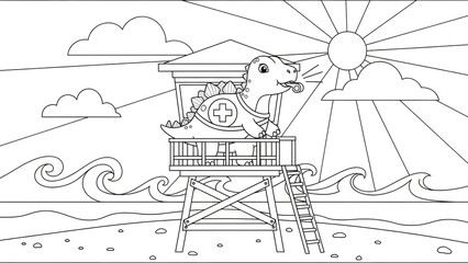 Whimsical cartoon dinosaur lifeguard observation deck overlooking beach scene