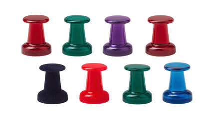 Colorful magnet push pins in red, green, purple, and blue arranged in two rows on transparency background, used for office or school organization, vibrant and playful