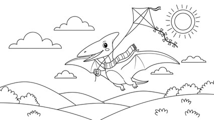 whimsical illustration of a cheerful dragon flying through a sunny sky with a