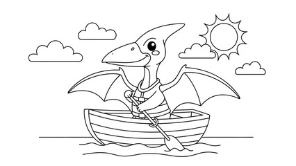 Whimsical cartoon pterosaur with wings paddling a wooden boat in a playful