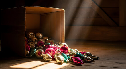 Vintage Christmas Ornaments Unboxed: A heartwarming scene unfolds as a collection of vintage Christmas ornaments spills out from a weathered cardboard box, illuminated by beams of soft light.