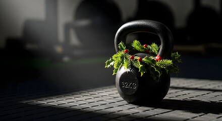 Kettlebell Festive: A robust kettlebell, adorned with a festive holiday garland, sits in a dimly lit gym, blending strength with seasonal cheer.