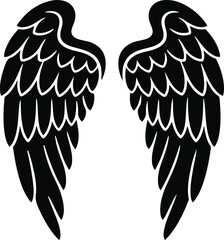 A detailed black vector silhouette of a symmetrical pair of stylized angel or bird wings, 
