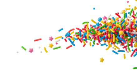 Dynamic, photorealistic macro explosion of vibrant rainbow sugar sprinkles (jimmies, stars) frozen mid-air against a transparent background with copy space. Concept for celebration advertising