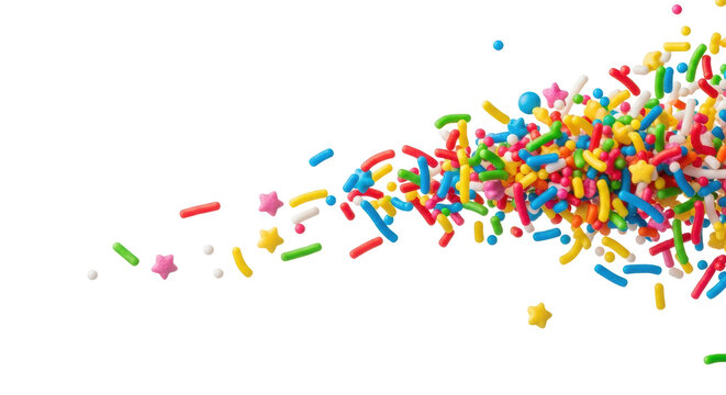 Dynamic, photorealistic macro explosion of vibrant rainbow sugar sprinkles (jimmies, stars) frozen mid-air against a transparent background with copy space. Concept for celebration advertising