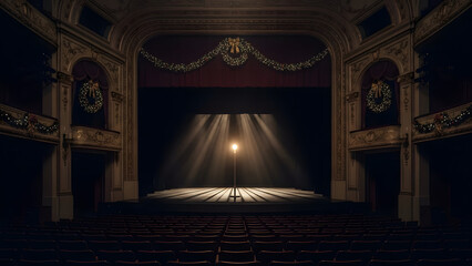 Spotlight on Stage: A single spotlight illuminates an empty stage, casting dramatic shadows and highlighting the elegance of the theater's architecture.