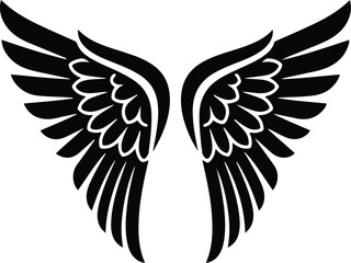 A symmetrical black silhouette illustration of a pair of spread wings, featuring stylized feathers and a tribal or logo-like design, suitable for tattoos or emblems.