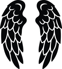 A black and white vector silhouette of stylized angel or bird wings with defined feather details,