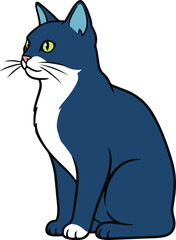 A clean vector illustration of a blue and white cat sitting and looking attentively to the side, featuring a tuxedo-style coat pattern.