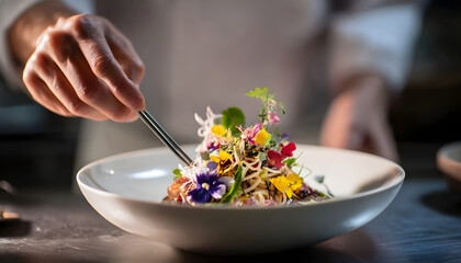 Professional chef using metal tongs to delicately plate a portion of gourmet noodles adorned with colorful edible flowers and fresh herbs into a white bowl with a rich sauce for fine dining