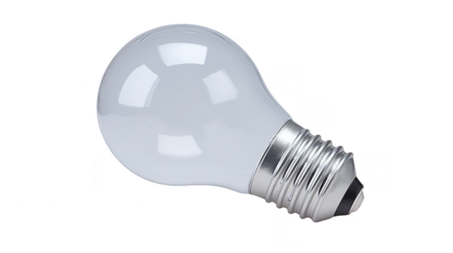 Clear glass light bulb with metallic screw base, isolated on transparency background, reflecting light, symbolizing innovation and bright ideas