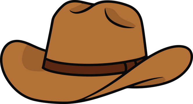 A cartoon illustration of a classic brown cowboy hat featuring a wide curved brim and a dark brown hatband around the indented crown.