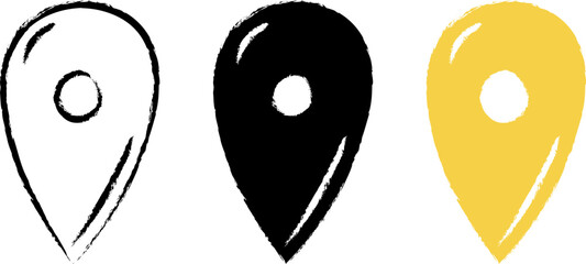 Hand drawn map pins, doodle navigation, sign location. Vector illustration	