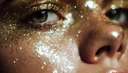 Gold glitter makeup smeared on skin with shiny gloss and white highlights