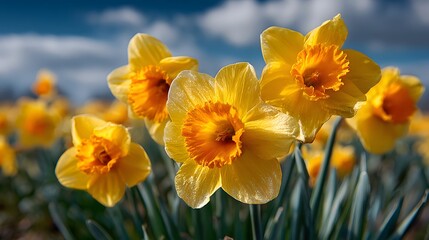 Row of bright yellow daffodils in full bloom features green stems against a blue sky with clouds in a vibrant spring garden concept setting.