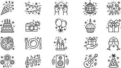 Celebration and party icon set, black line vector, festive symbols, birthday, music, food, gifts, sparkles, event graphics © Creative Minds