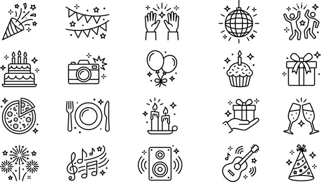 Celebration and party icon set, black line vector, festive symbols, birthday, music, food, gifts, sparkles, event graphics