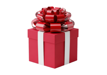 A vibrant crimson red matte cube gift box with a crisp white ribbon and large lustrous red satin bow, isolated on a transparent background with copy space, professional luxury gift concept