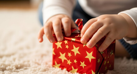 Childish Gift: A child's hands carefully unwrap a beautifully wrapped gift, revealing excitement and anticipation for the hidden surprise within.