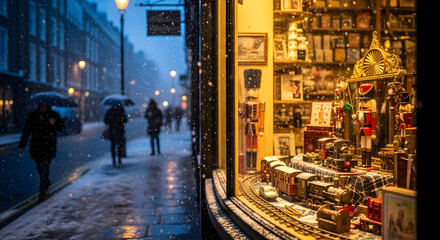 Snowy Street Scene: A picturesque winter scene unfolds on a cobblestone street, with pedestrians sheltering under umbrellas as snowflakes gently fall, with shop window is illuminating warmth.