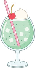 Mint dessert drink illustration, green milkshake with cherry, whipped cream, striped straw, ice cubes, sweet beverage, vector clipart