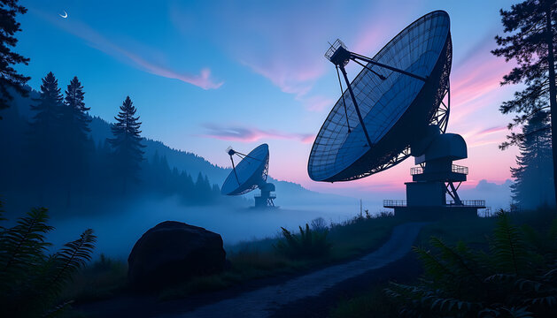 satellite dishes in a forest at dusk with a crescent moon in the sky