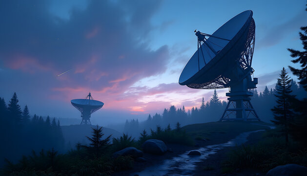 Satellite dishes in a forest at dusk, capturing signals from space - Powered by Adobe