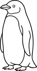 A simple black and white line art illustration of a standing penguin, designed as a vector outline suitable for coloring pages.