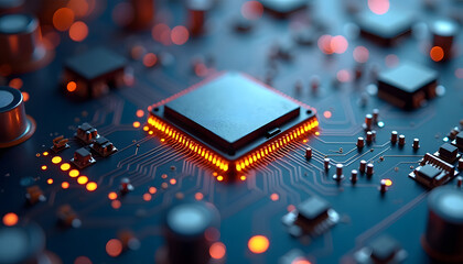 Close-up of a computer processor with glowing orange lights and circuit board.