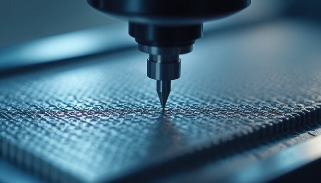 CNC machine tool cuts intricate pattern onto metal surface. Precision manufacturing creates textured part. Advanced fabrication tech shapes modern components. Industrial process for complex design. - Powered by Adobe