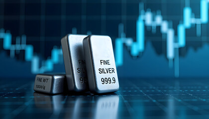Fine silver bars with 999.9 purity and a financial market chart background