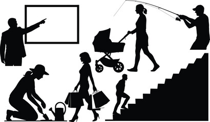 Fototapeta premium This is a collection of human silhouette illustrations showing various daily life activities, including teaching, shopping, walking with a baby stroller, gardening, fishing, and climbing stairs. The s