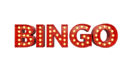 photorealistic studio shot of a vibrant, retro red metal "bingo" marquee sign, illuminated with glowing warm bulbs, isolated on a transparent background, copy space. concept of luck and winning