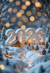 Chunky snowy 2026 with cute houses lanterns glowing pathways and warm fairy tale winter bokeh