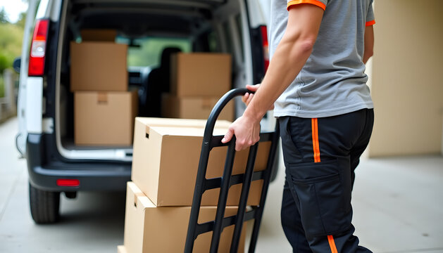 Delivery person loading boxes into a van for transport and moving services