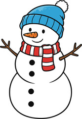A cute cartoon snowman illustration wearing a blue beanie hat and a red and white striped scarf, featuring stick arms and a carrot nose.