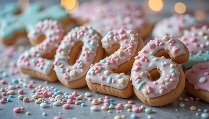 2026 shaped sugar cookies with pastel icing candy sprinkles and warm cute winter bokeh