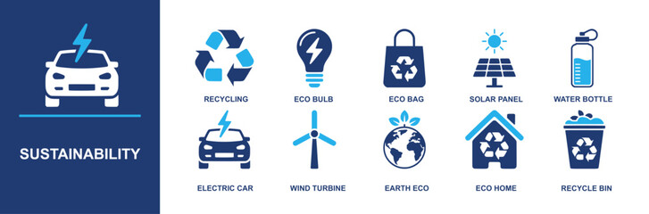 Sustainability icon set. Containing recycling, eco bulb, eco bag, solar panel, water bottle, electric car, wind turbine, earth, eco home, recycle bin and more for green projects. Solid vector icons UX