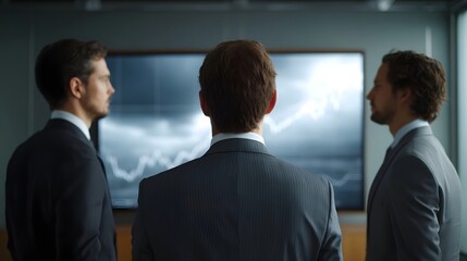 Three businessmen in suits observing a financial graph presentation on a large screen in a modern office