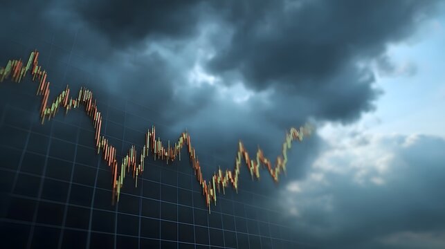 A financial market chart displaying fluctuating trends against a backdrop of dark stormy clouds - Powered by Adobe