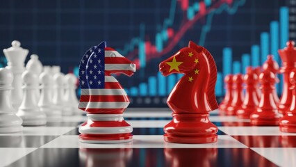 USA and China flags on chess knight pieces symbolizing economic trade war and political conflict with stock market graph in the background.