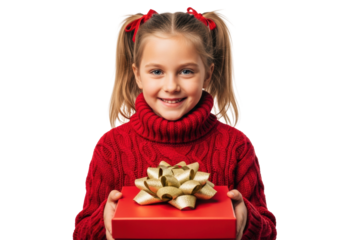 joyful caucasian girl in a chunky red cable-knit sweater and blonde pigtails, presenting a red gift box with a glitter bow on white studio background. concept of holiday anticipation