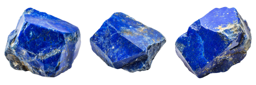 Three stunning pieces of natural blue lapis lazuli gemstones. The deep blue hues and natural textures of the lapis lazuli are captivating