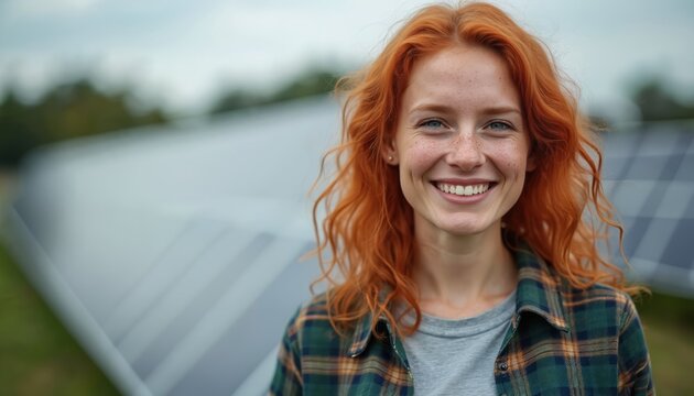 Redhaired woman smiles in front of large solar panel field. Represents green energy industry, sustainable future. Clean power generation concept. Looks directly at viewer with cheerful expression.
