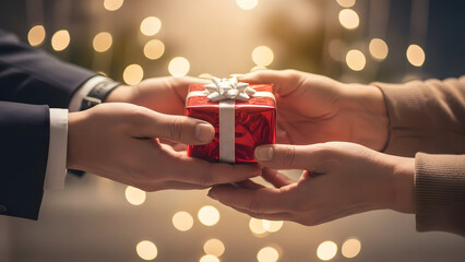 A Gift of Generosity: A carefully wrapped present, a symbol of giving and receiving, is passed between two hands. the exchange is illuminated by soft light and a sense of shared joy. 