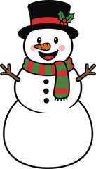 A joyful cartoon snowman wearing a black top hat adorned with holly, a striped red and green scarf, and featuring rosy cheeks and an open smile.